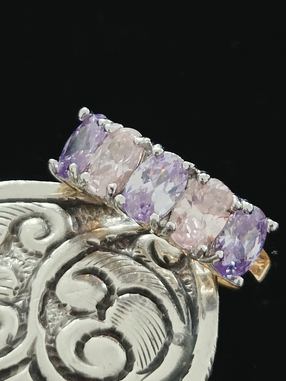 Multi-Stone Lavender and Pink Cushion Ring Gold Tone - EDCO